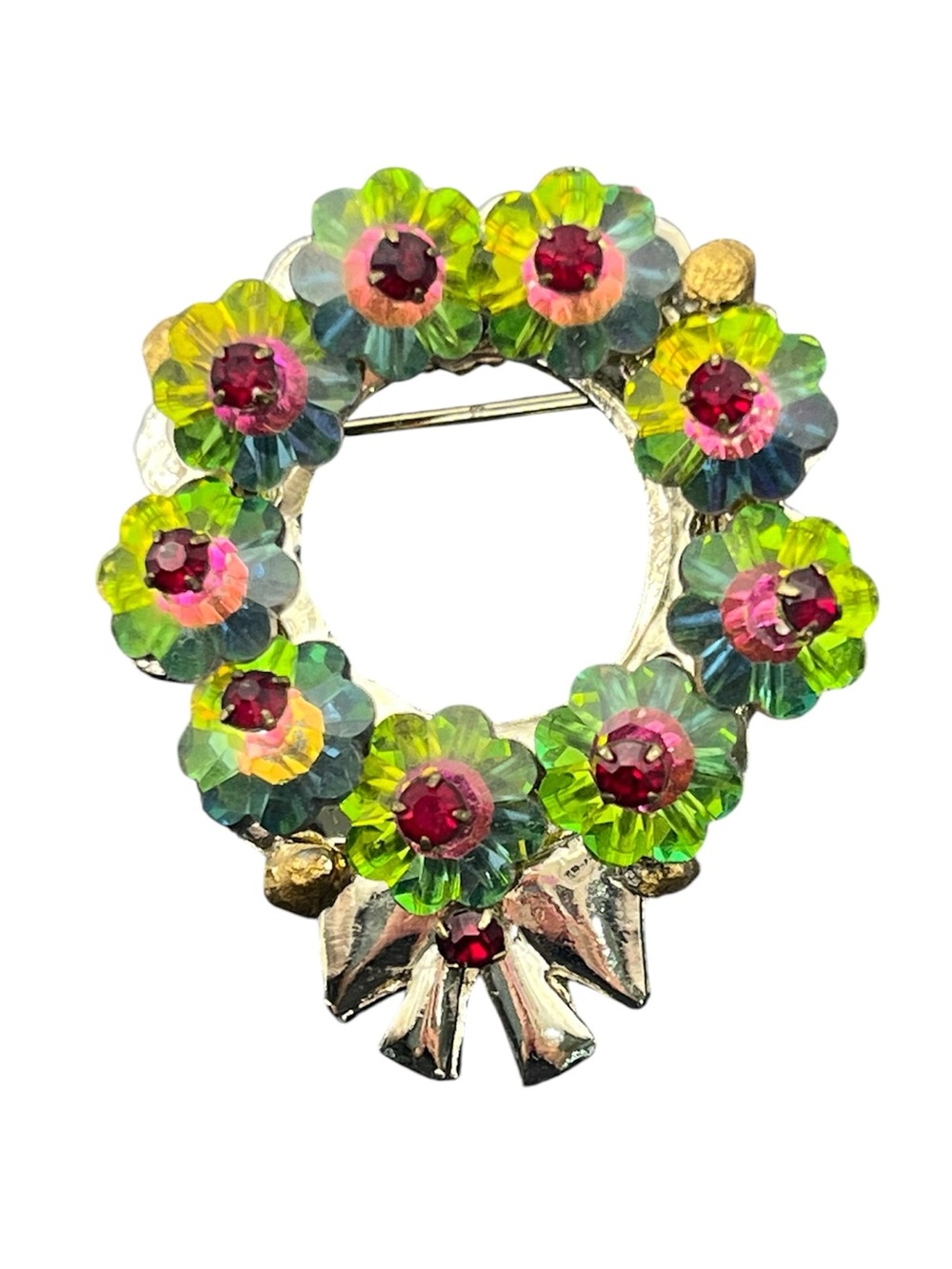 Watermelon margarita rivoli rhinestone Christmas wreath gold tone brooch pin
